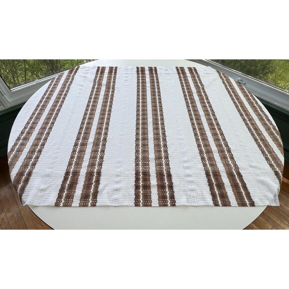 Vintage 70s mesh curtain, white, brown stripes, rod heading, price per panel - Picture 1 of 8